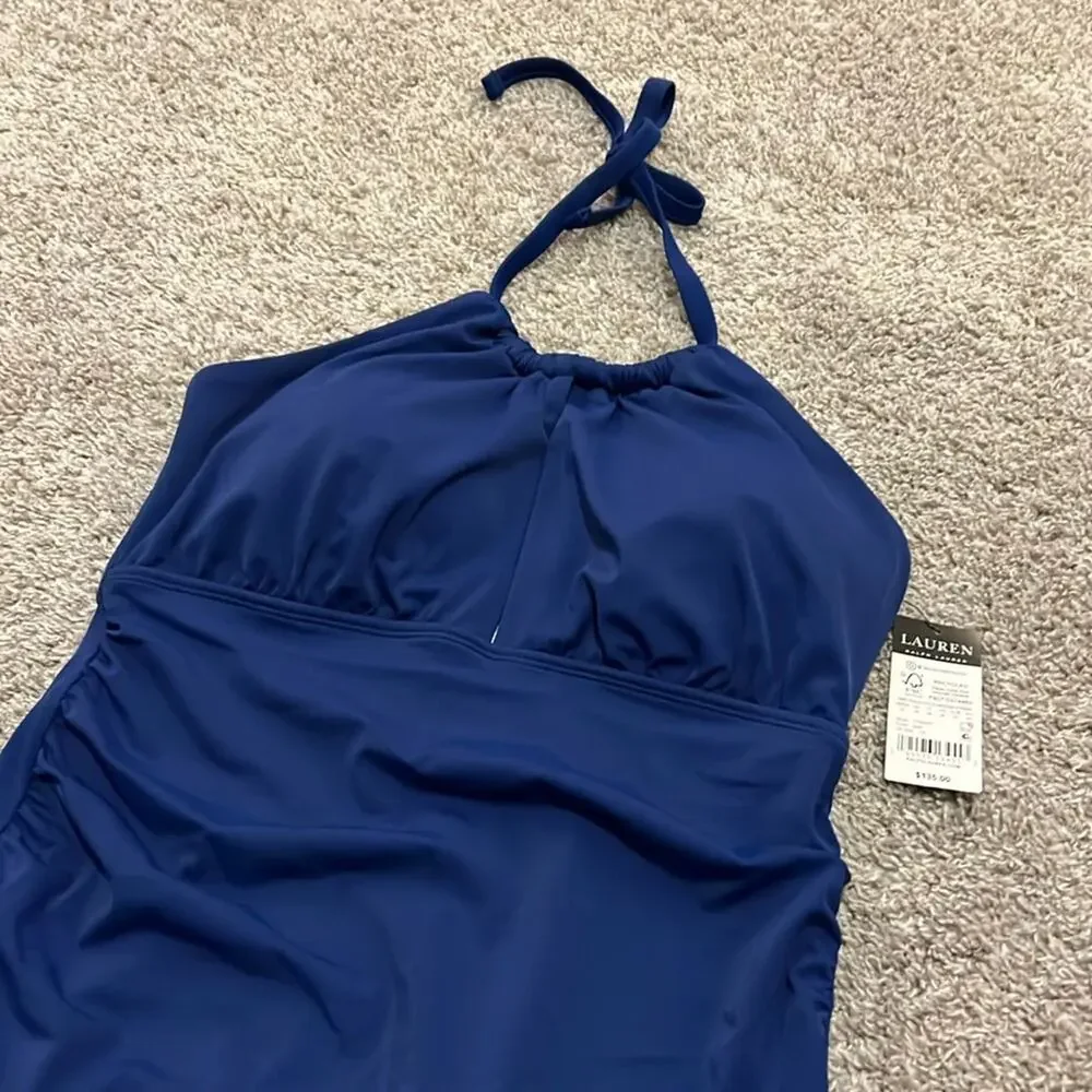 NWT $135 LAUREN Ralph Lauren Plus Sz 14 Sapphire Blue One‎ Piece Swimsuit Halter